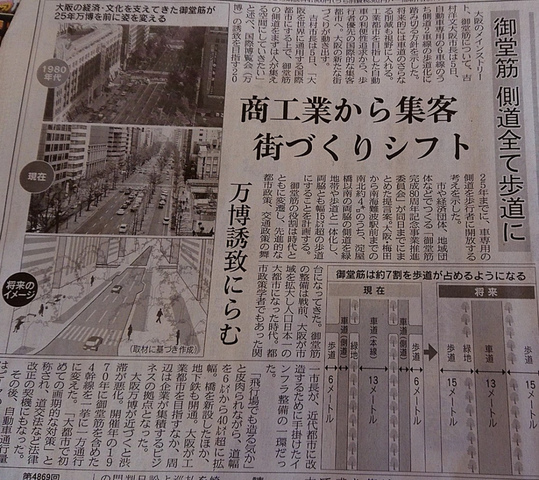 <p>大阪市の吉村洋文市長は</p>
<p>「誘致活動中の国際博覧会が開催される2025年を目標に</p>
<p>人が集うことのできる空間に変えていきたい」と述べ</p>
<p>6車線のうち側道2車線をすべて歩道にする方針を示されたようです。</p>
<p>「車中心の道路」から「人中心のにぎわい空間」への転換。</p>
<p>御堂筋がすっきりと美しくなりますね。<br /><br /></p> ()